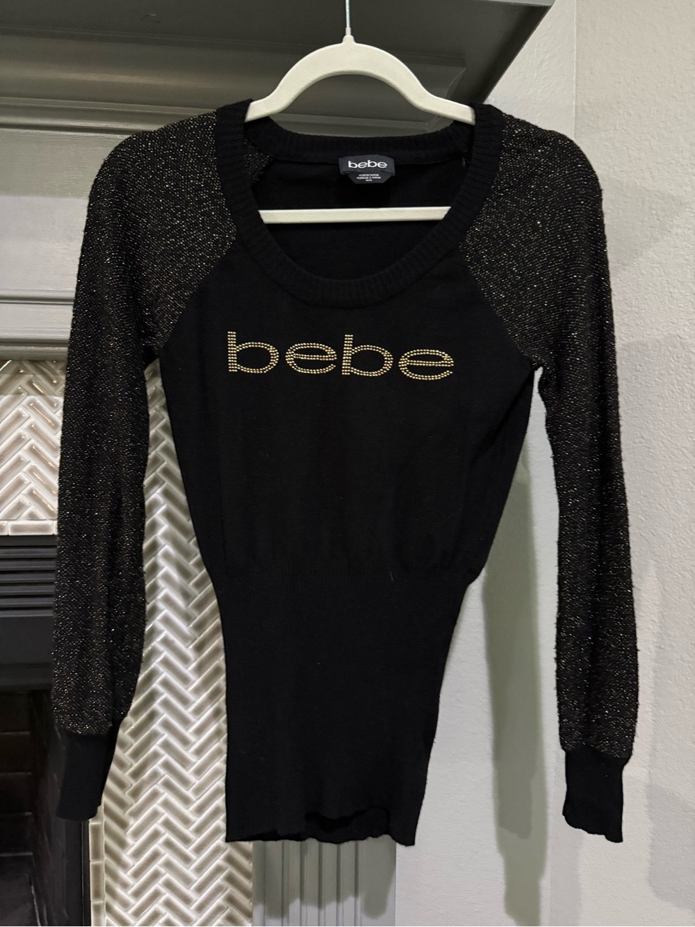 bebe Black Knit Sweater with Gold Logo and Shimmer Sleeves